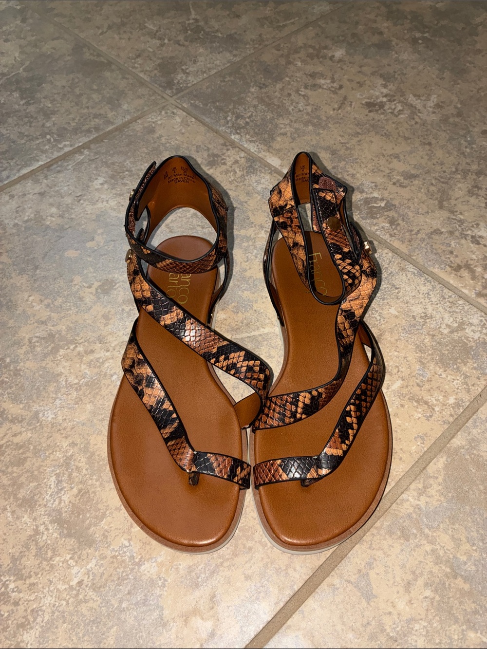 Franco Sarto Tan and Black Snake-Print Strappy Sandals